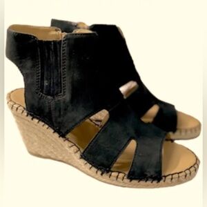 Franco Sarto Black Suede Leather Nola Cut Out Espadrille Wedge Sandal Size 7